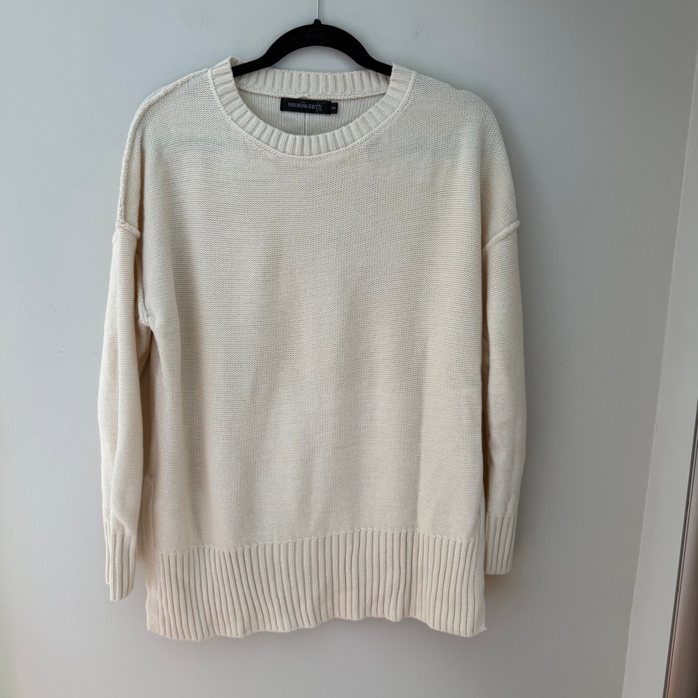 Merokeety Cream Oversized Crewneck Sweater Exposed Seam Ribbed Knit Small